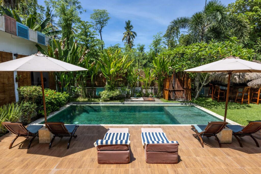 A swimming pool in a backyard
