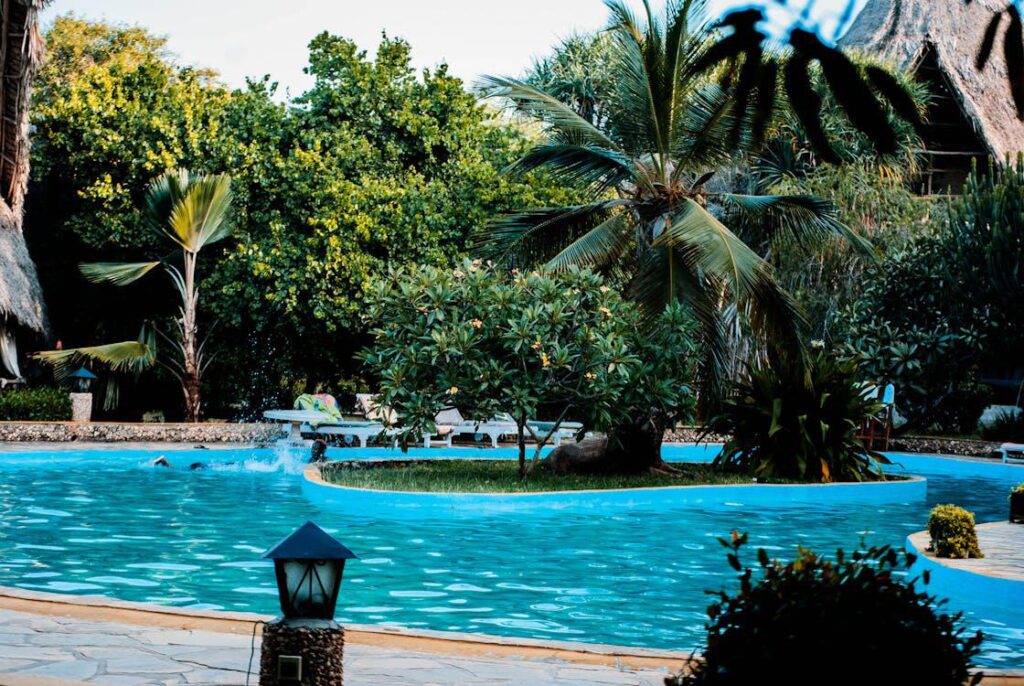 A resort with a modern swimming pool