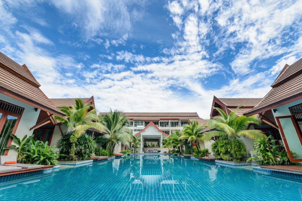 A modern design of a swimming pool with a resort