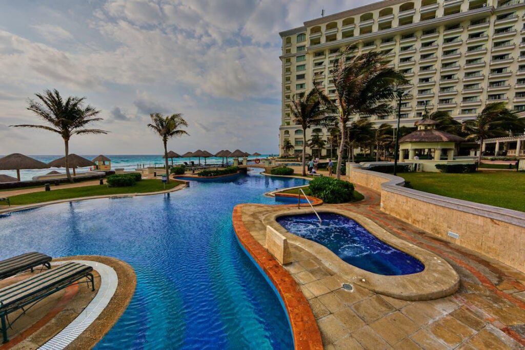 A swimming pool construction with concrete pavement