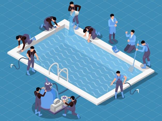 General contractors and engineers collaborating on a pool construction project in Los Angeles.
