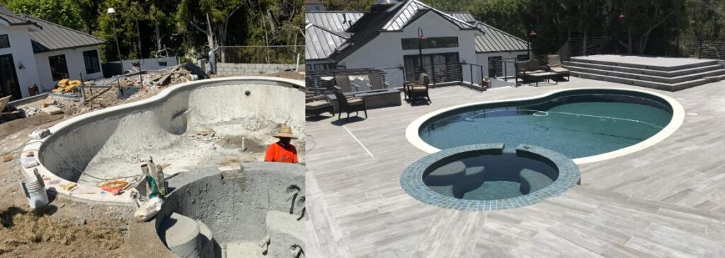 Side-by-side comparison of an old unfinished pool and a newly renovated modern pool with a spa.